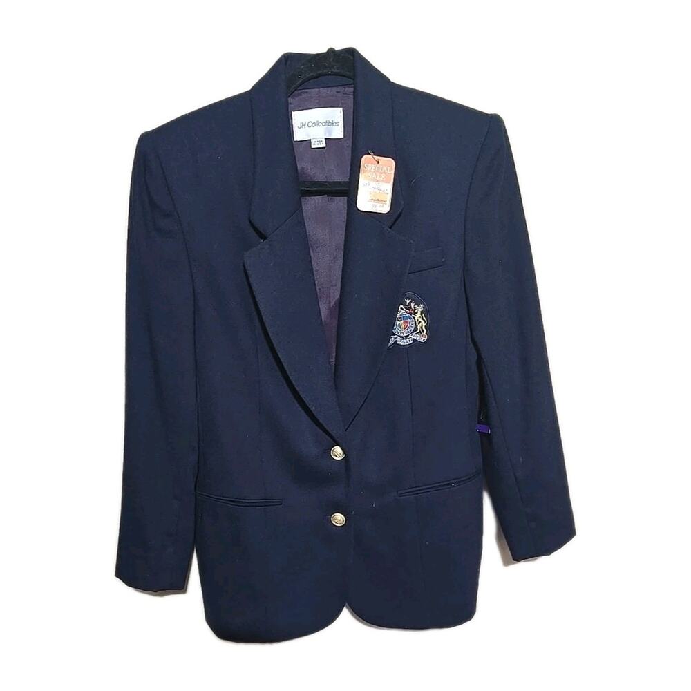 NWT Vtg JH Collectibles Blue Wool Dark Academia Crest Preppy Blazer Womans Sz 4